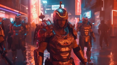 techno cyberpunk Roman legion running into battle. they are wearing modernized ancient roman armor, red neon lights & gold details in the armor, photo realistic, authoritarian, depressed mood, rain. one legionary stands carrying an the legion's standard. Neon lights and crumbling marble columns in the background, a single cinematic shot, cyber punk style, hyperrealistic photo, 8k