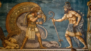 photograph of an ancient byzantine mosaic showing constantine bowing before the leader of an advanced ugly blue skinned orc-like alien race, pledging all of humanity to their service