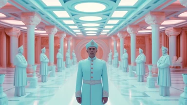 vapor wave roman emperor futuristic sci fi, wes anderson style, wes anderson costume design, cinematic still, symmetrical composition, 1964