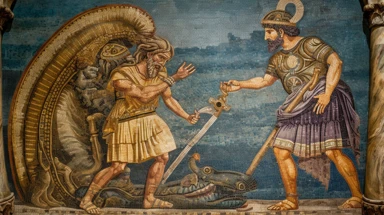 photograph of an ancient byzantine mosaic showing constantine bowing before the leader of an advanced ugly blue skinned orc-like alien race, pledging all of humanity to their service