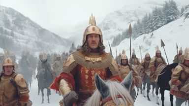 The year is 220 BC. Hannibal the Carthaginian general leads his army through the Alps, he is wearing armor. it is cold and snowing, in the style of wes anderson, wes anderson, wes anderson costume design, cinema still, photo realistic